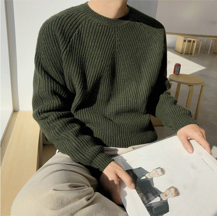 Classic Fit Crew Neck Knit Sweater Green for Men - OutfitLondon
