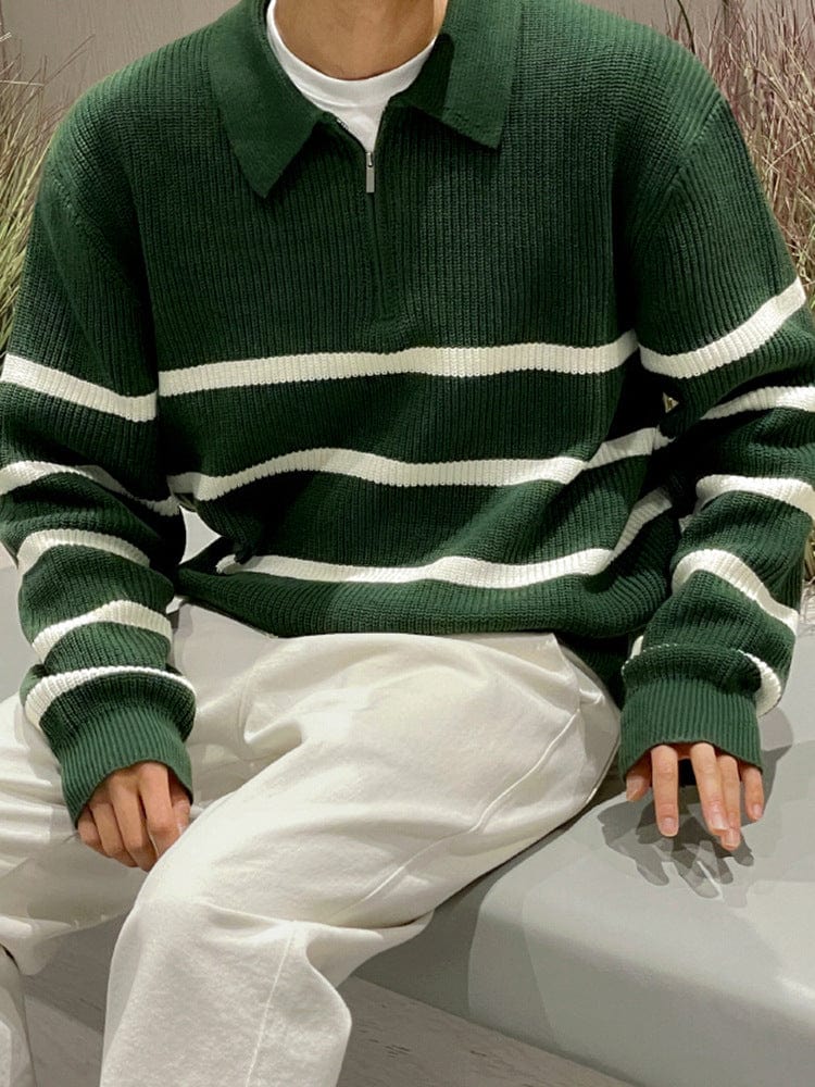 Fresh Green White Stripe Quarter Zip Polo Sweater - OutfitLondon