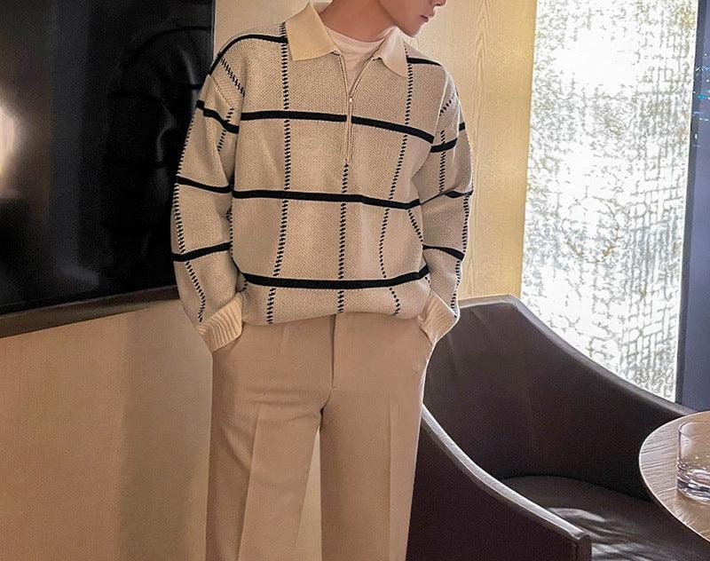 Warm Quarter Zip Plaid Sweater Men