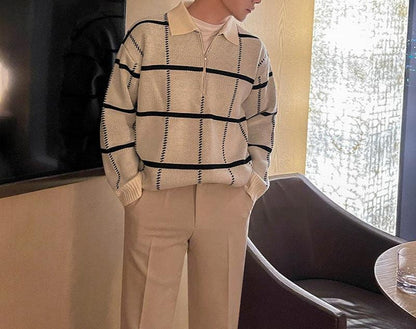 Warm Quarter Zip Plaid Sweater Men