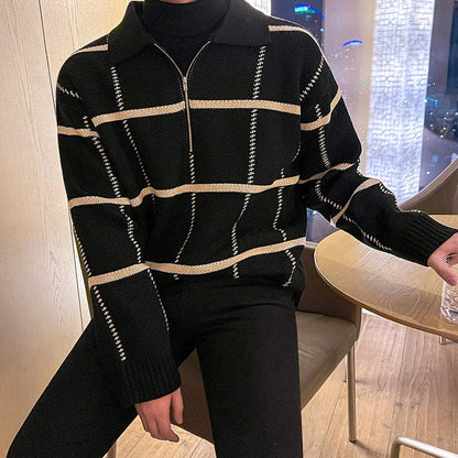 Warm Quarter Zip Plaid Sweater Men