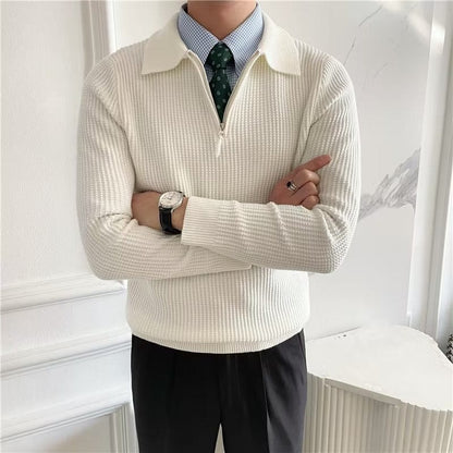 Textured Crew Neck Quarter Zip Sweater Men