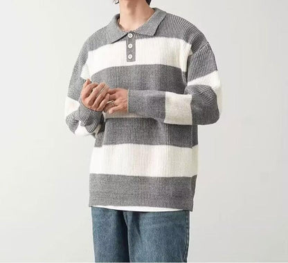 Classic Striped Knit Winter Sweater with Buttons - OutfitLondon
