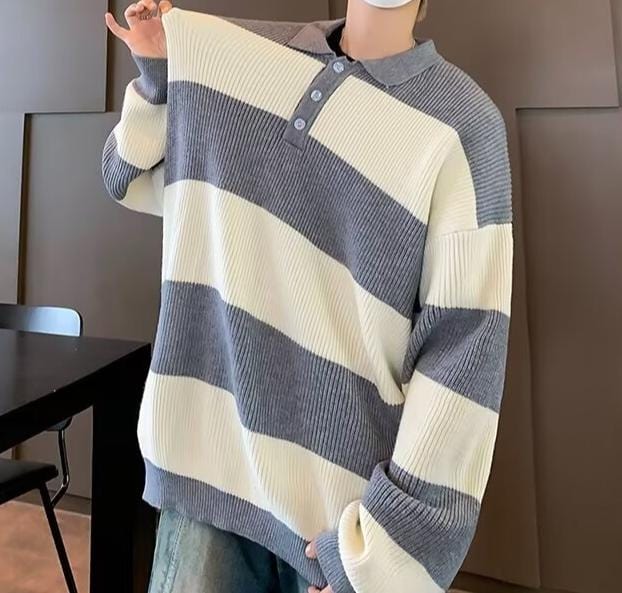 Classic Striped Knit Winter Sweater with Buttons