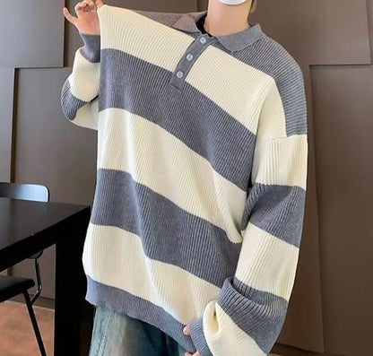 Classic Striped Knit Winter Sweater with Buttons