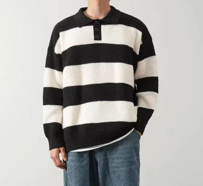 Classic Striped Knit Winter Sweater with Buttons