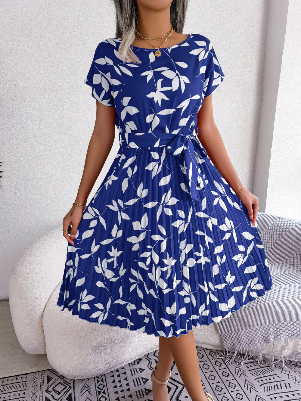 Navy Floral Knee Length Women's Dress - OutfitLondon