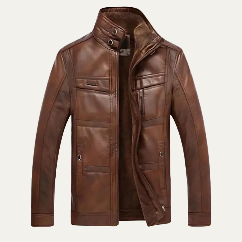 Men's Classic Leather Biker Jacket with Multiple Pockets