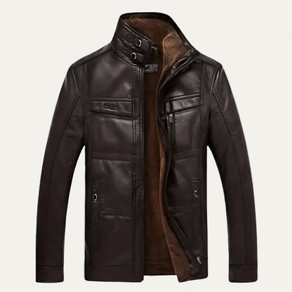 Men's Classic Leather Biker Jacket with Multiple Pockets