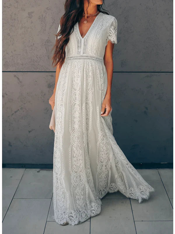 Elegant Short Sleeve Lace Maxi Dress for Women - OutfitLondon