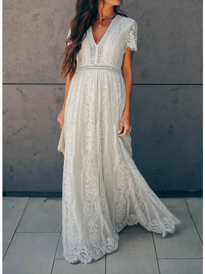 Elegant Short Sleeve Lace Maxi Dress for Women - OutfitLondon