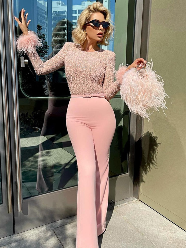 Glittering Women's Party Jumpsuit with Feathers