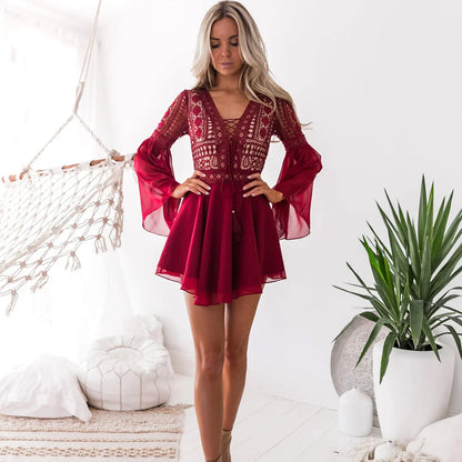 Chic V Neck Mini Dress with Lace Up Detail - OutfitLondon