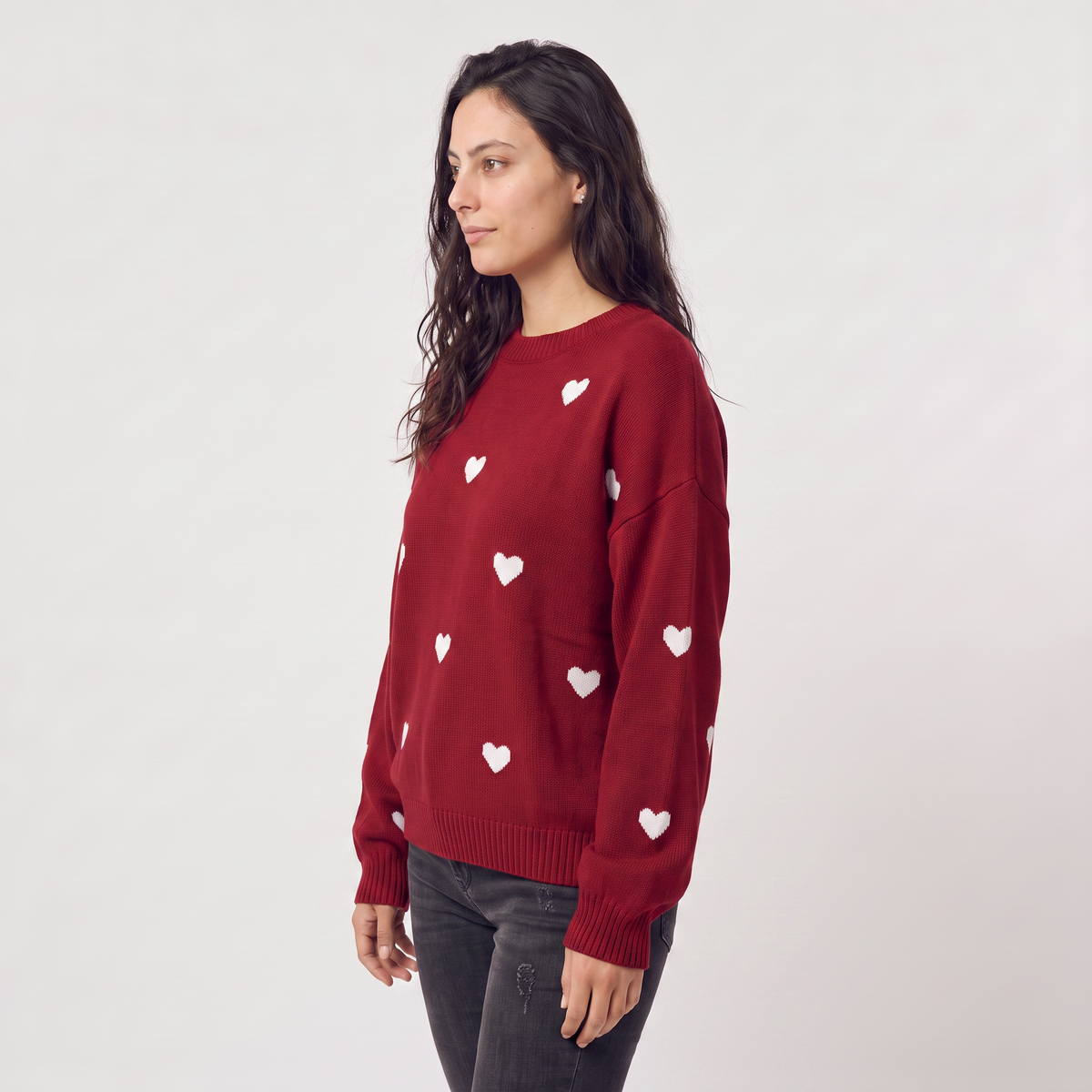 Women's Casual Knitted Heart Pattern Drop Shoulder Jumper