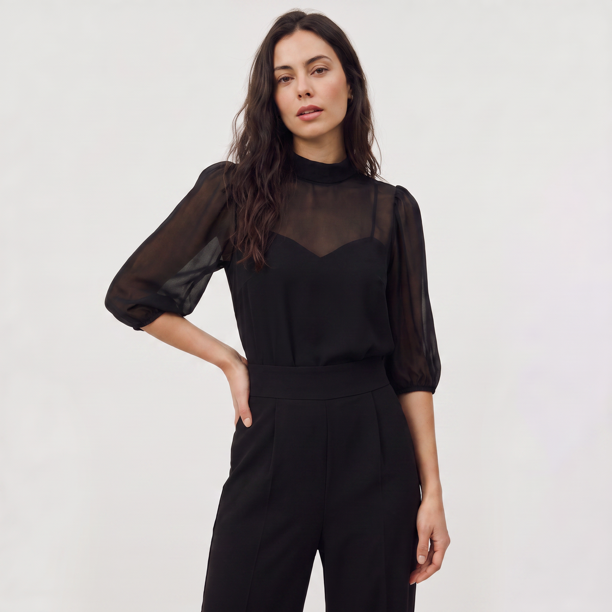 Women's Chic Wide-Leg Cotton Jumpsuit with Puff Sleeves