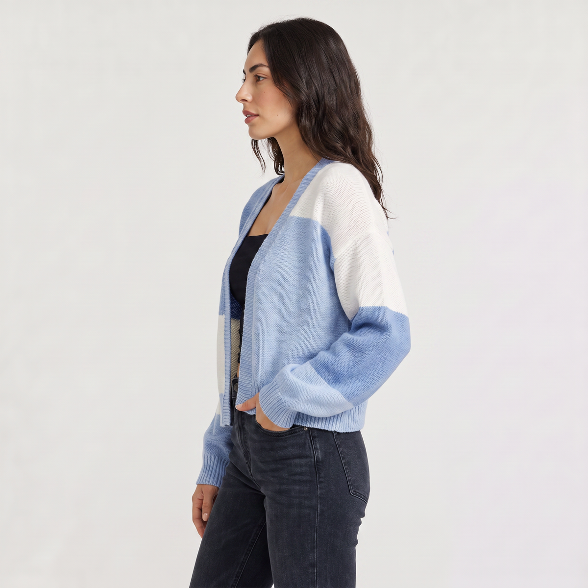 Women's Casual Open Front Cropped Knit Cardigan with Ribbed Cuffs