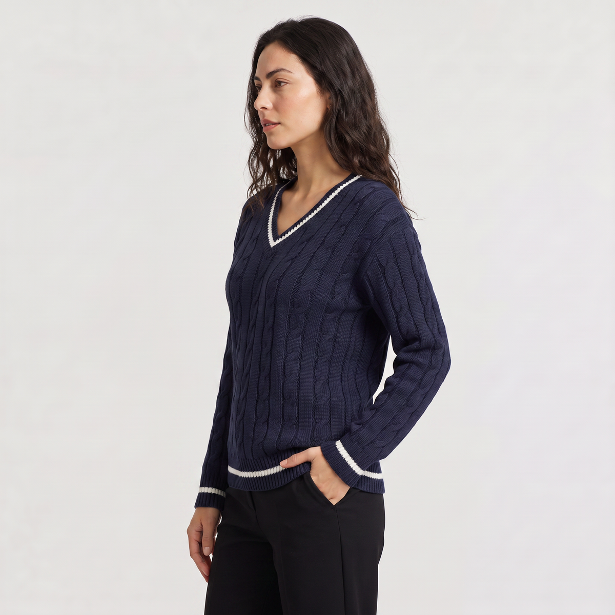 Women's Classic Cable Knit V-Neck Jumper