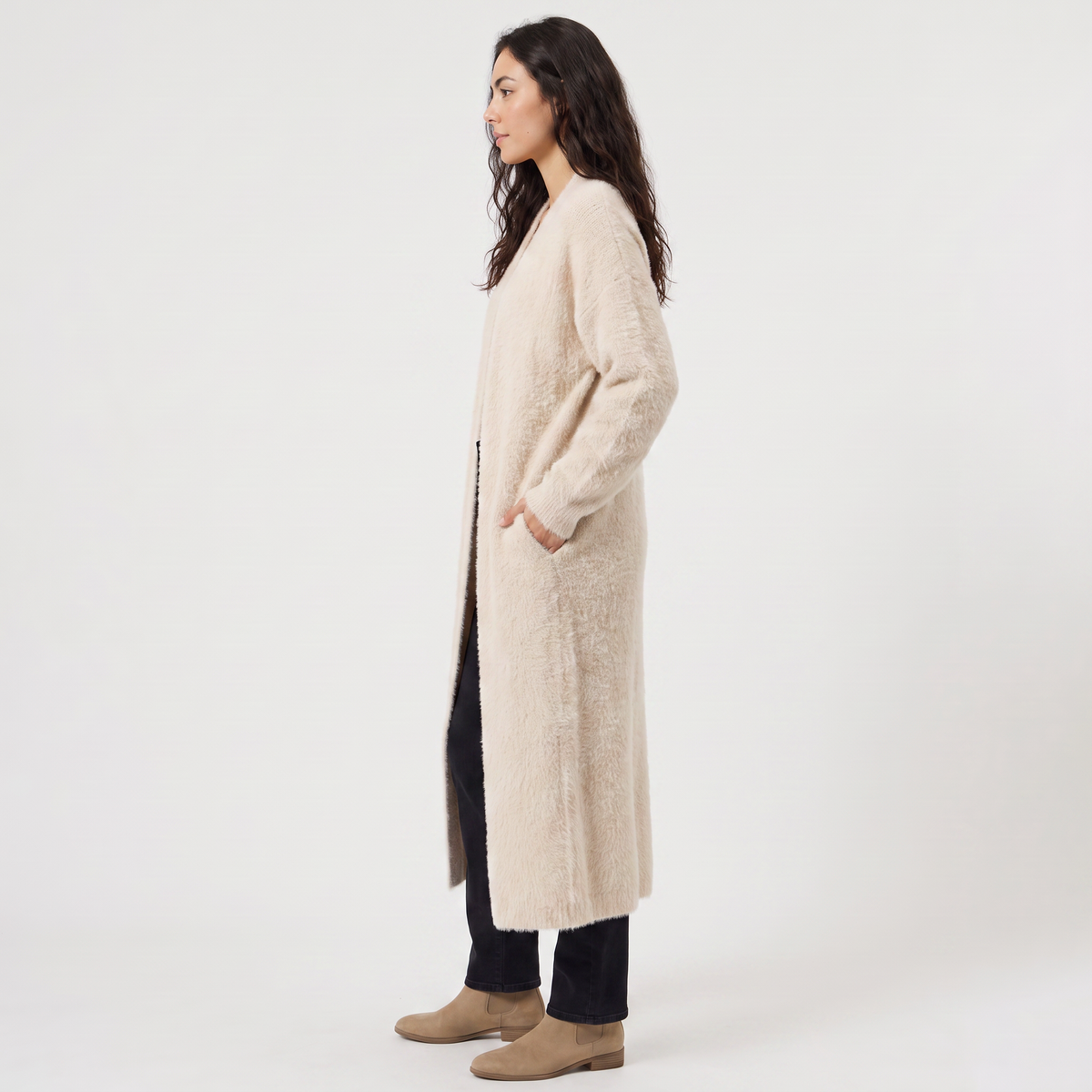 Women's Casual Fluffy Knit Longline Open-Front Cardigan