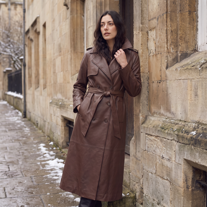 Women's Classic Faux Leather Belted Midi Trench Coat