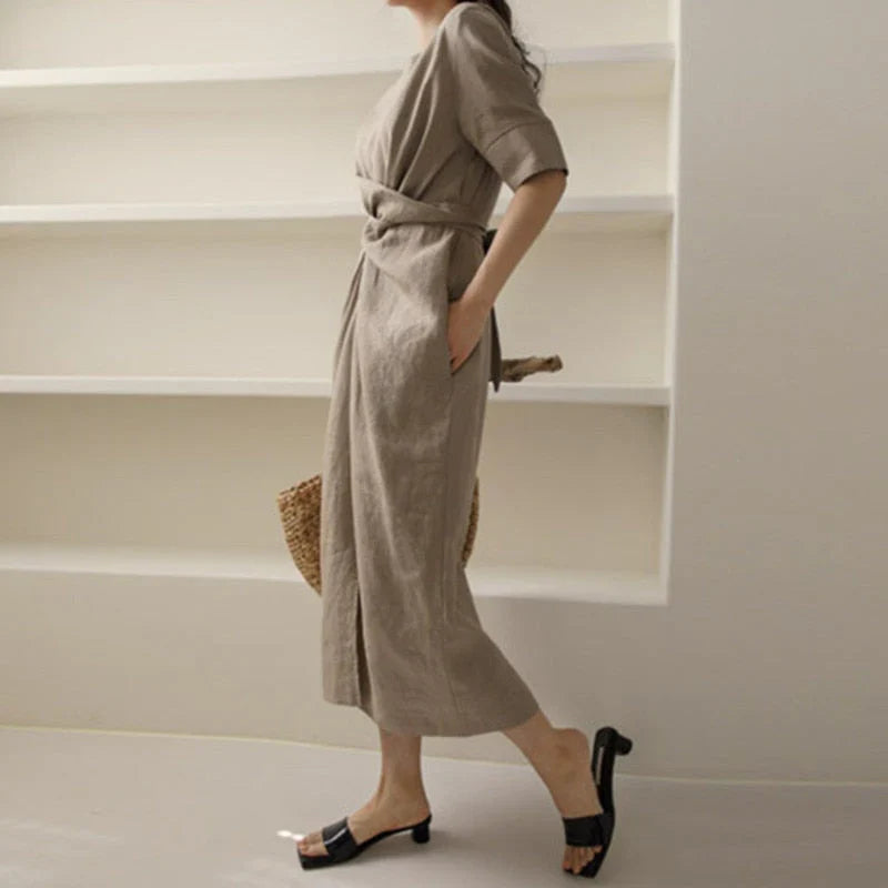 May Dress | Waist Twisted Pleated Cotton Linen Dress