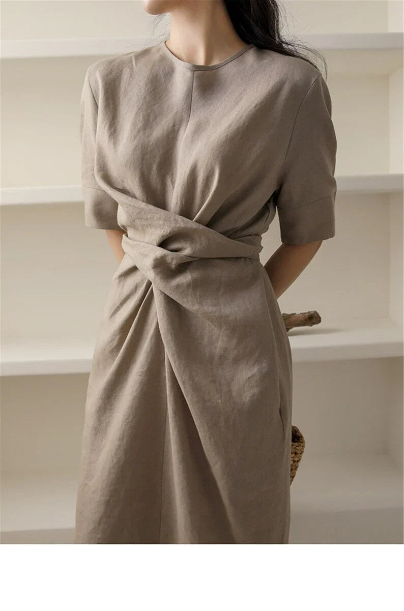 May Dress | Waist Twisted Pleated Cotton Linen Dress