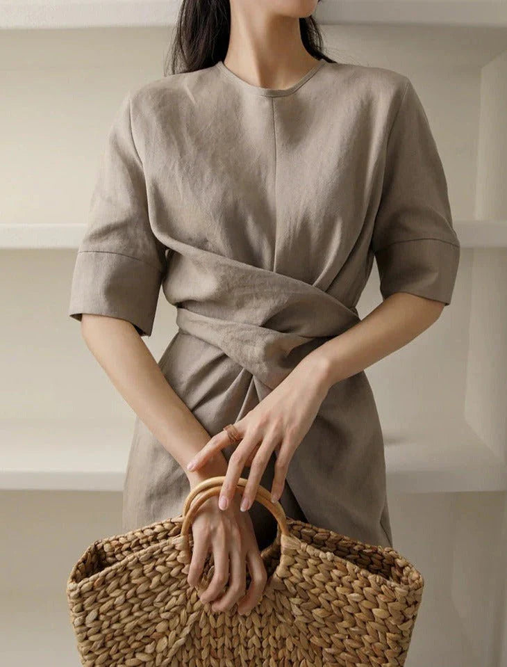 May Dress | Waist Twisted Pleated Cotton Linen Dress
