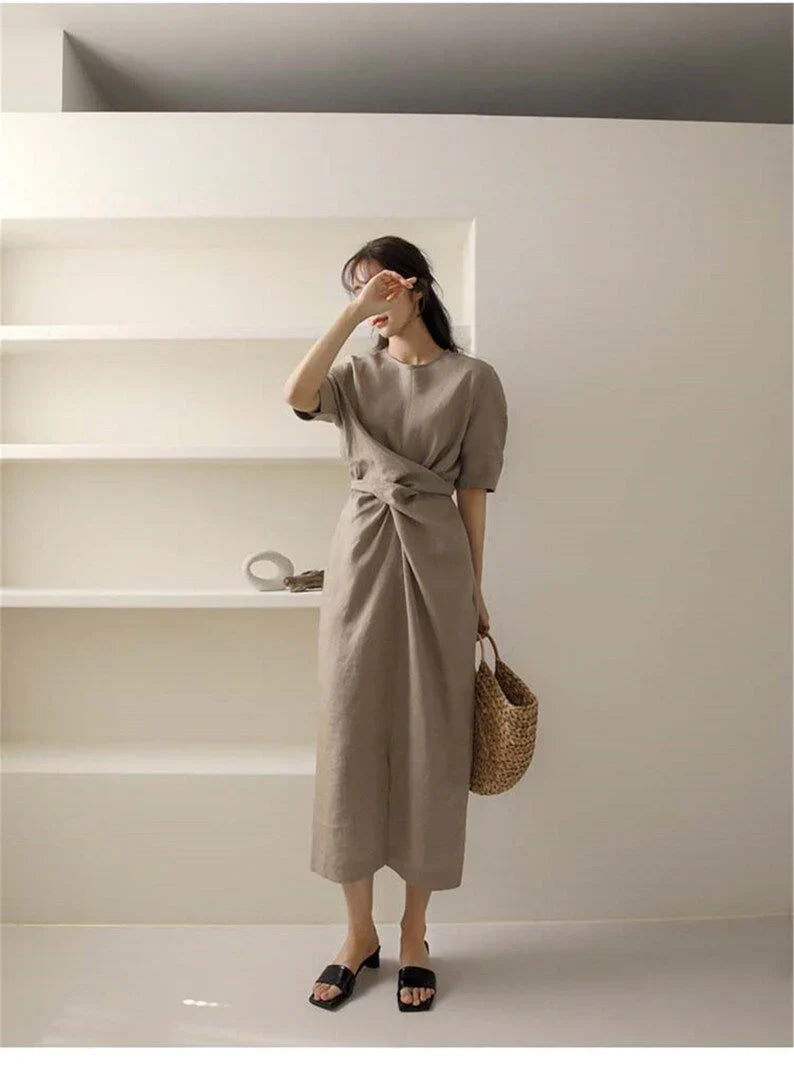 May Dress | Waist Twisted Pleated Cotton Linen Dress