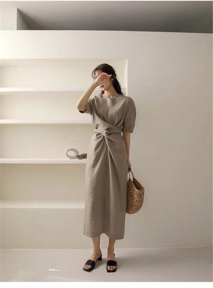 May Dress | Waist Twisted Pleated Cotton Linen Dress