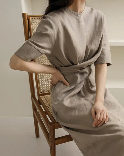 May Dress | Waist Twisted Pleated Cotton Linen Dress