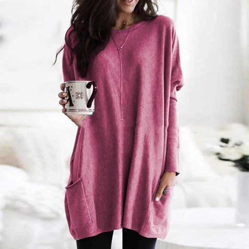 Cozy Large Pocket Crew Neck Sweater Tunic - OutfitLondon