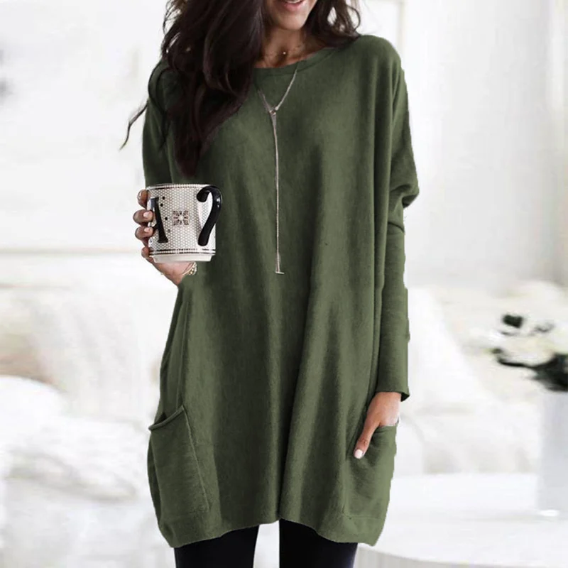 Cozy Large Pocket Crew Neck Sweater Tunic
