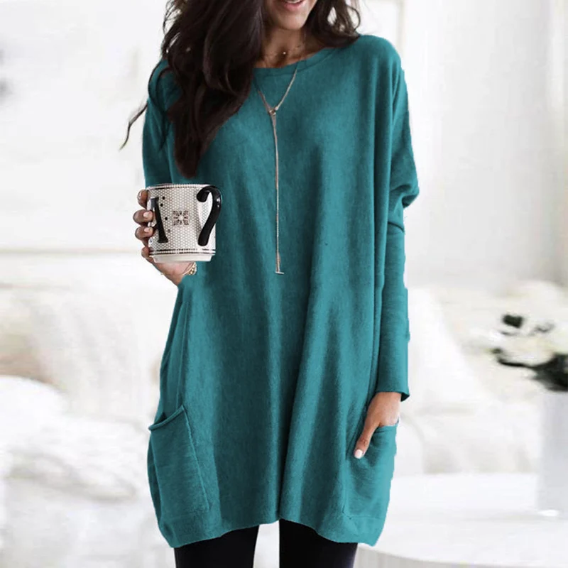 Cozy Large Pocket Crew Neck Sweater Tunic