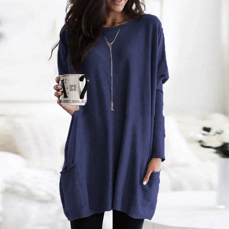 Cozy Large Pocket Crew Neck Sweater Tunic