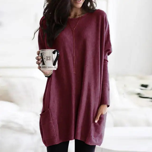Cozy Large Pocket Crew Neck Sweater Tunic