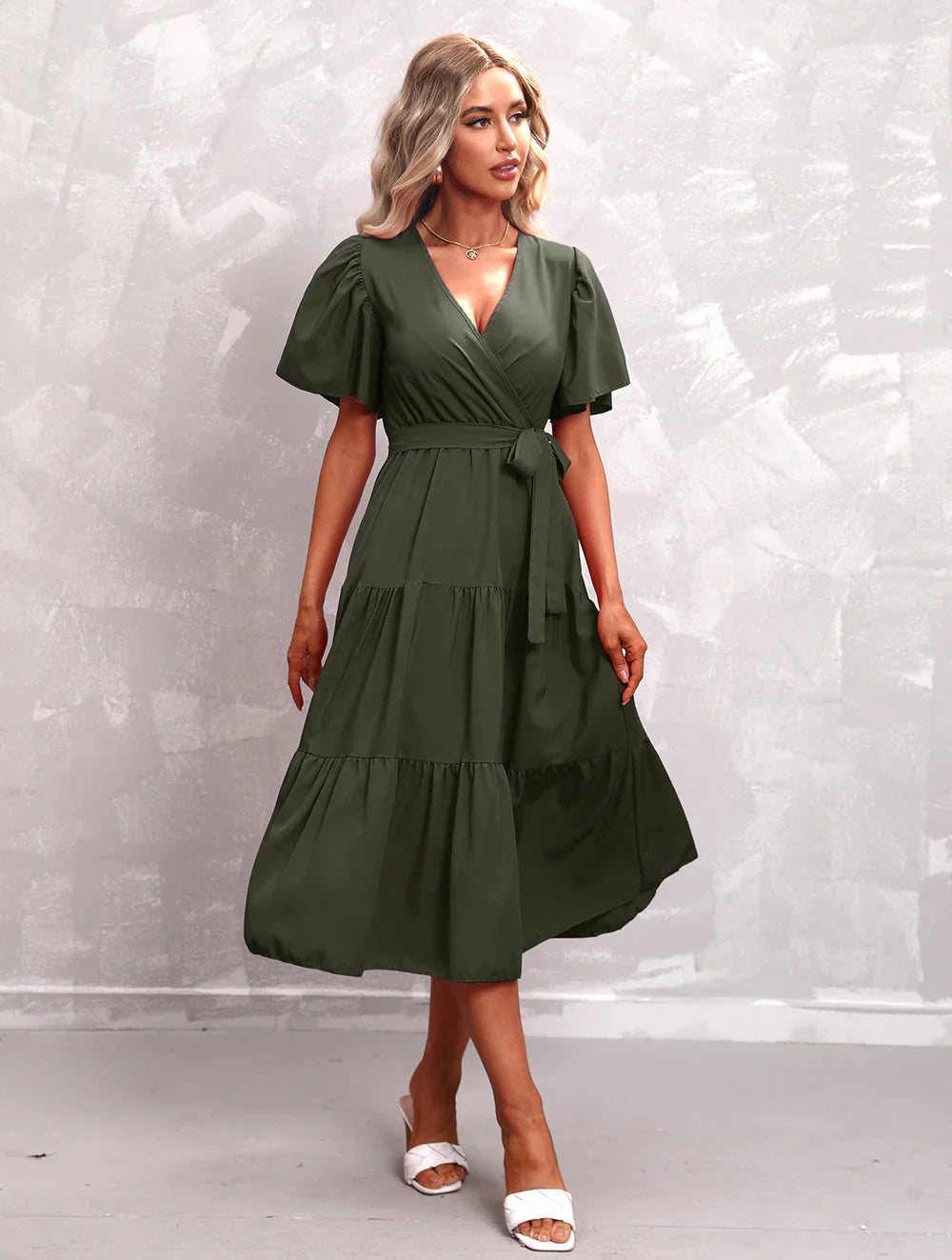 Casual V Neck A Line Midi Dress for Women - OutfitLondon