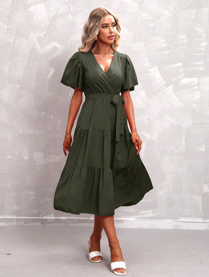 Casual V Neck A Line Midi Dress for Women - OutfitLondon