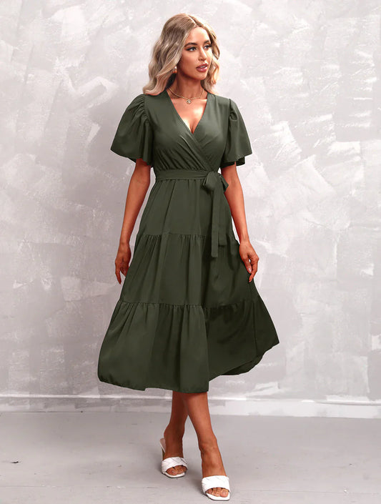 Casual V Neck A Line Midi Dress for Women - OutfitLondon