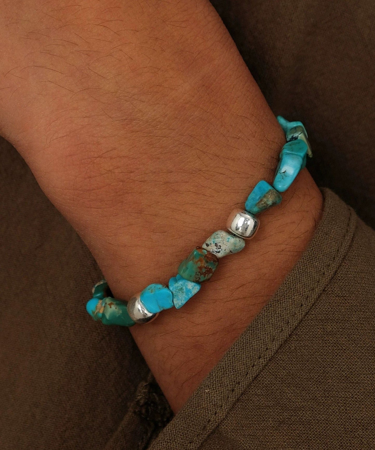 Men's Turquoise Bead Bracelet Sterling Silver 20cm - OutfitLondon
