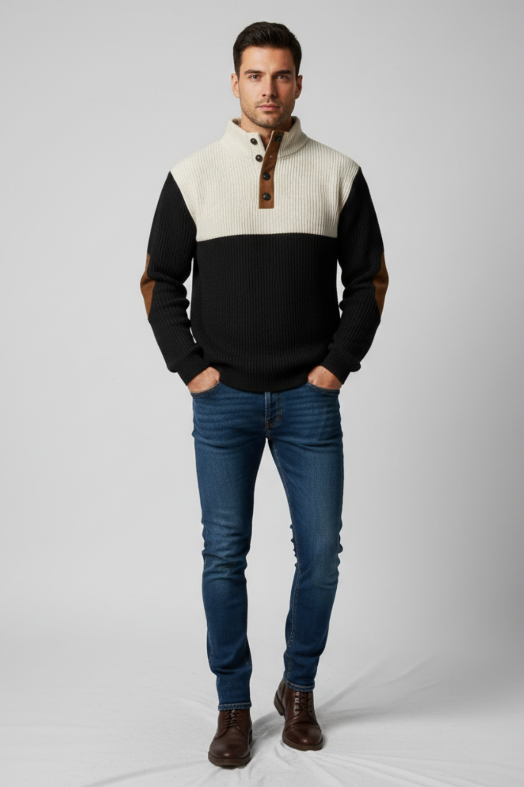 Men's Textured Crew Neck Patch Sweater - OutfitLondon