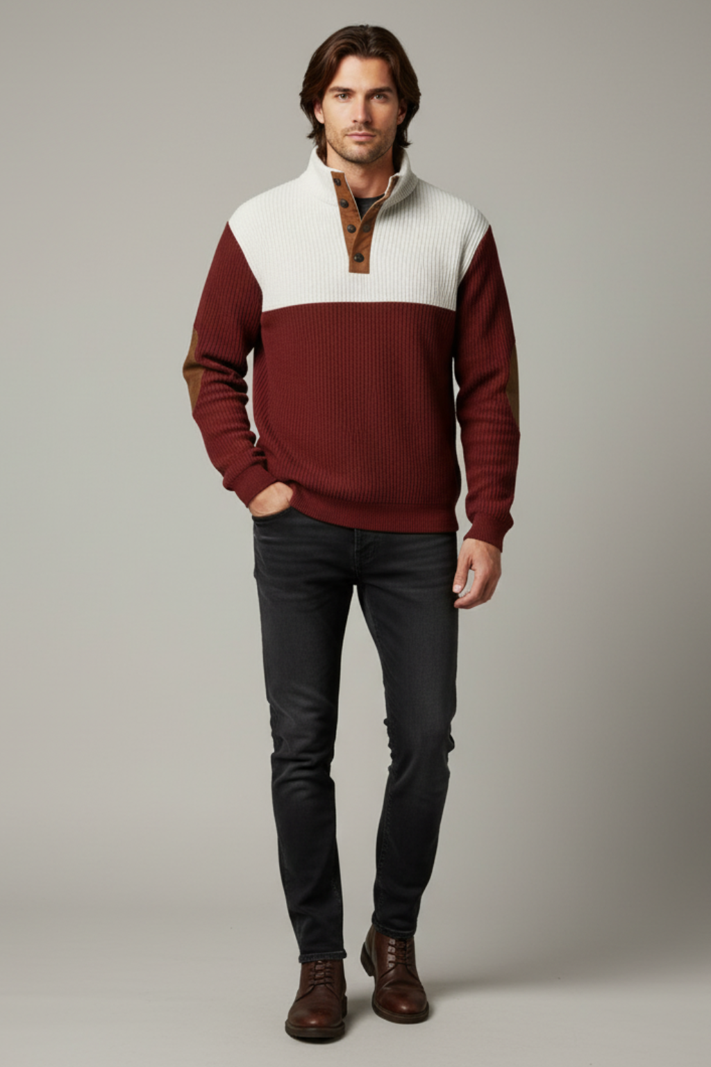 Men's Textured Crew Neck Patch Sweater