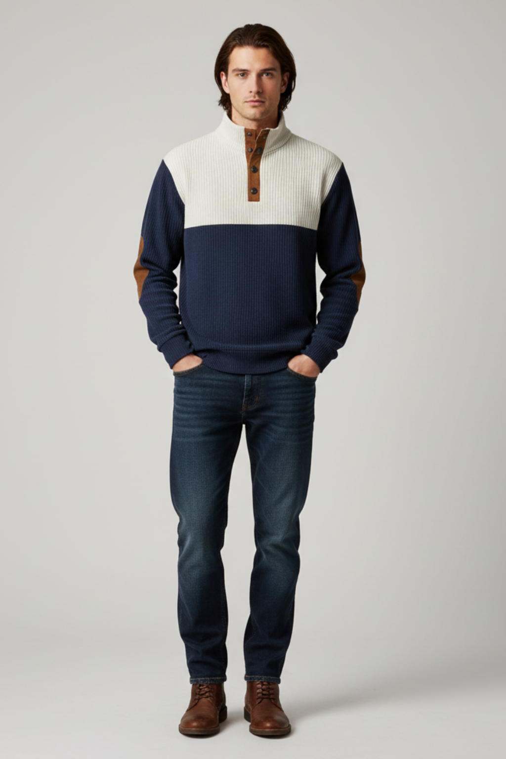 Men's Textured Crew Neck Patch Sweater