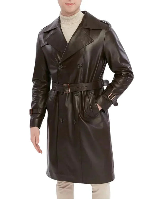 Men's Leather Trench Coat Brown Double Breasted - OutfitLondon
