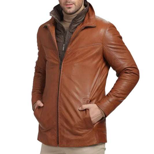 Men's Lamb Leather Car Coat Whiskey Brown Removable Vest - OutfitLondon