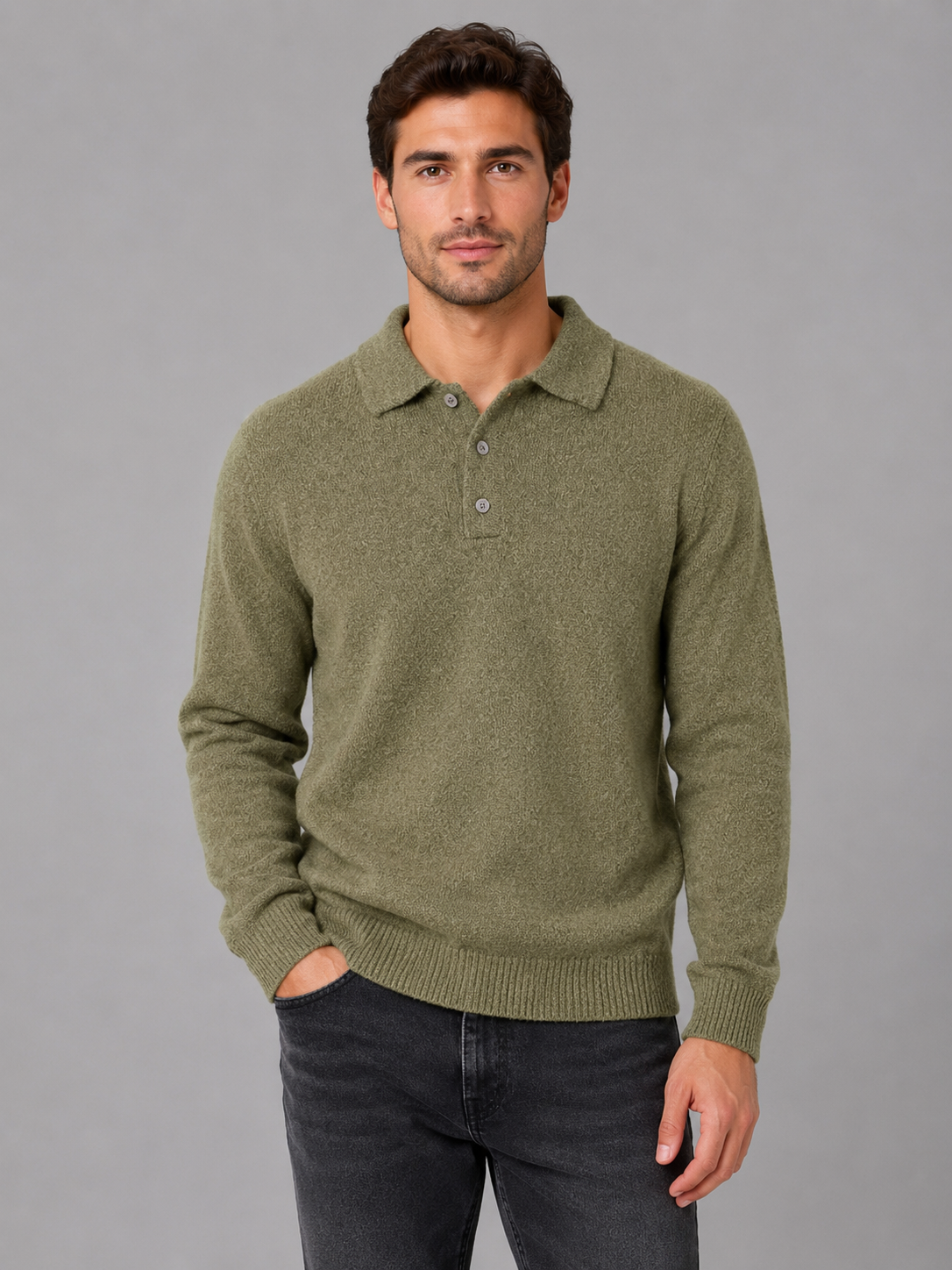 Men's Classic Polo Knit Button Long Sleeve Jumper