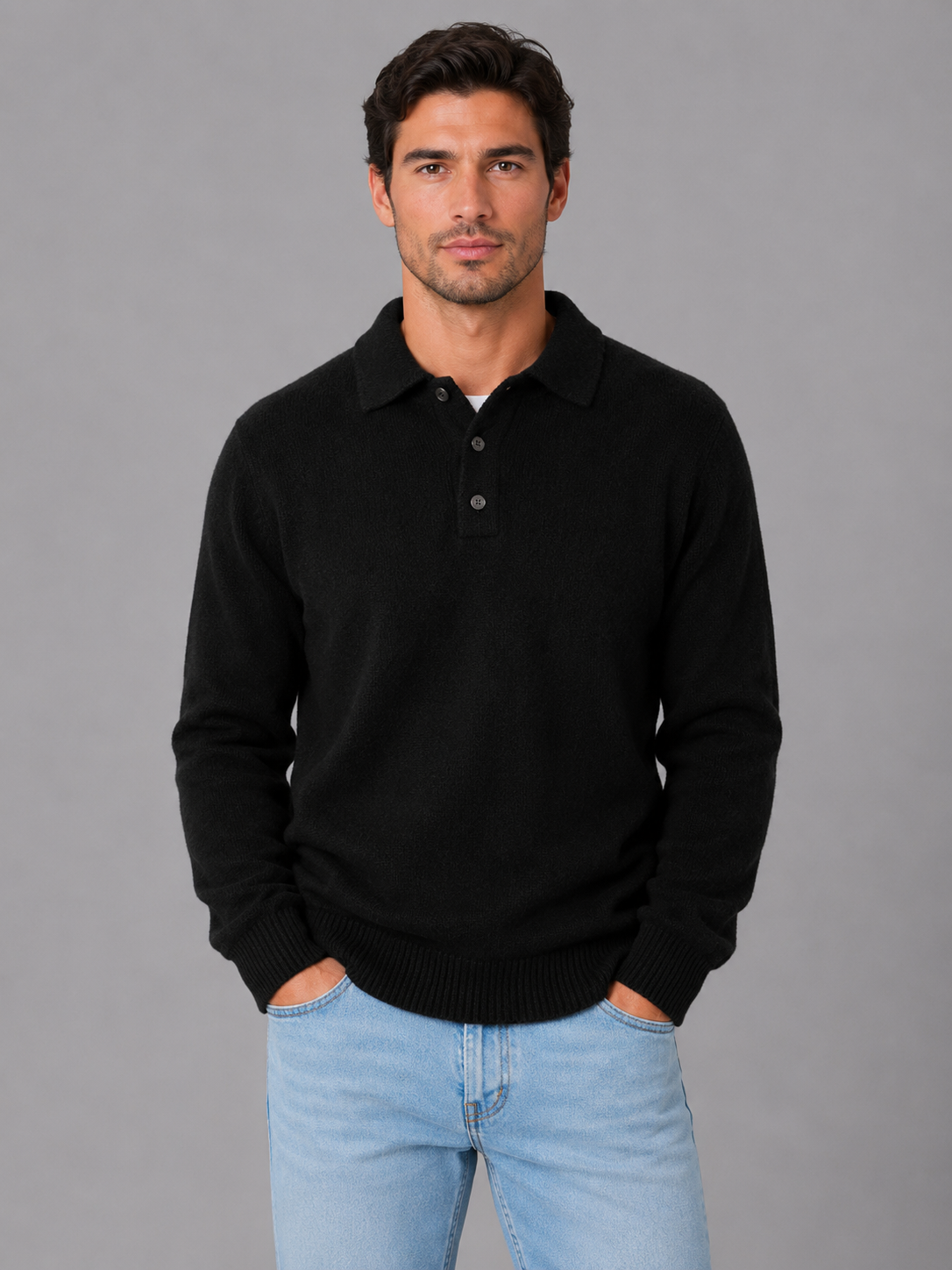 Men's Classic Polo Knit Button Long Sleeve Jumper