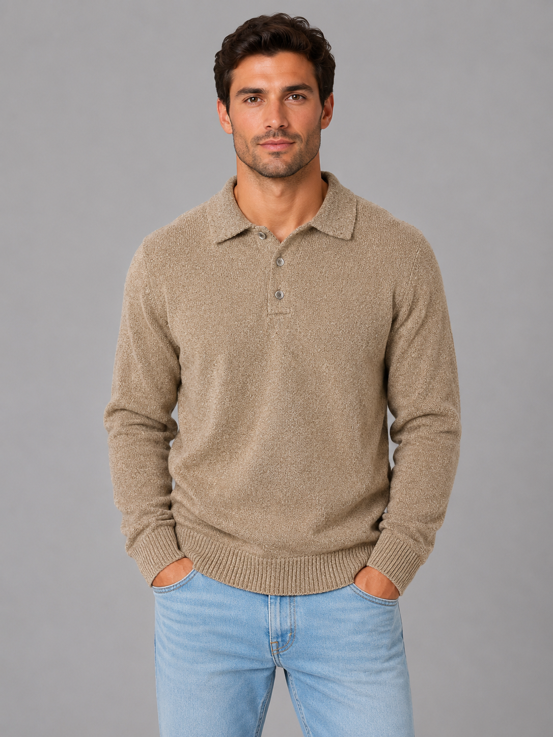 Men's Classic Polo Knit Button Long Sleeve Jumper