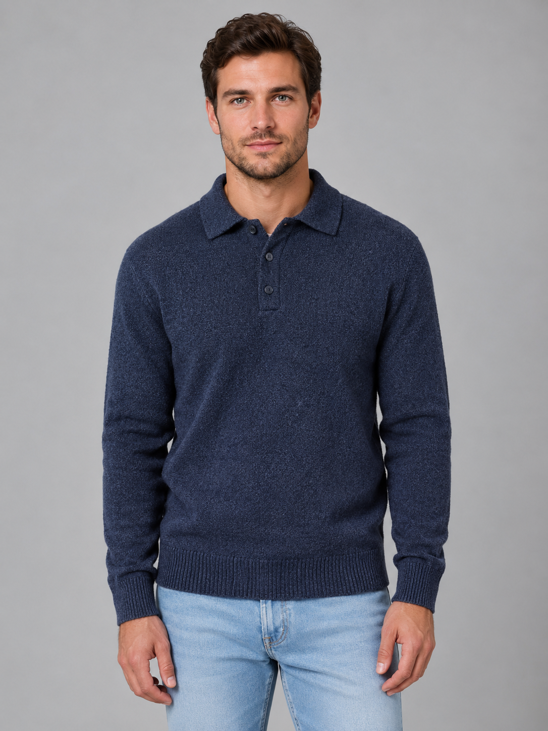 Men's Classic Polo Knit Button Long Sleeve Jumper
