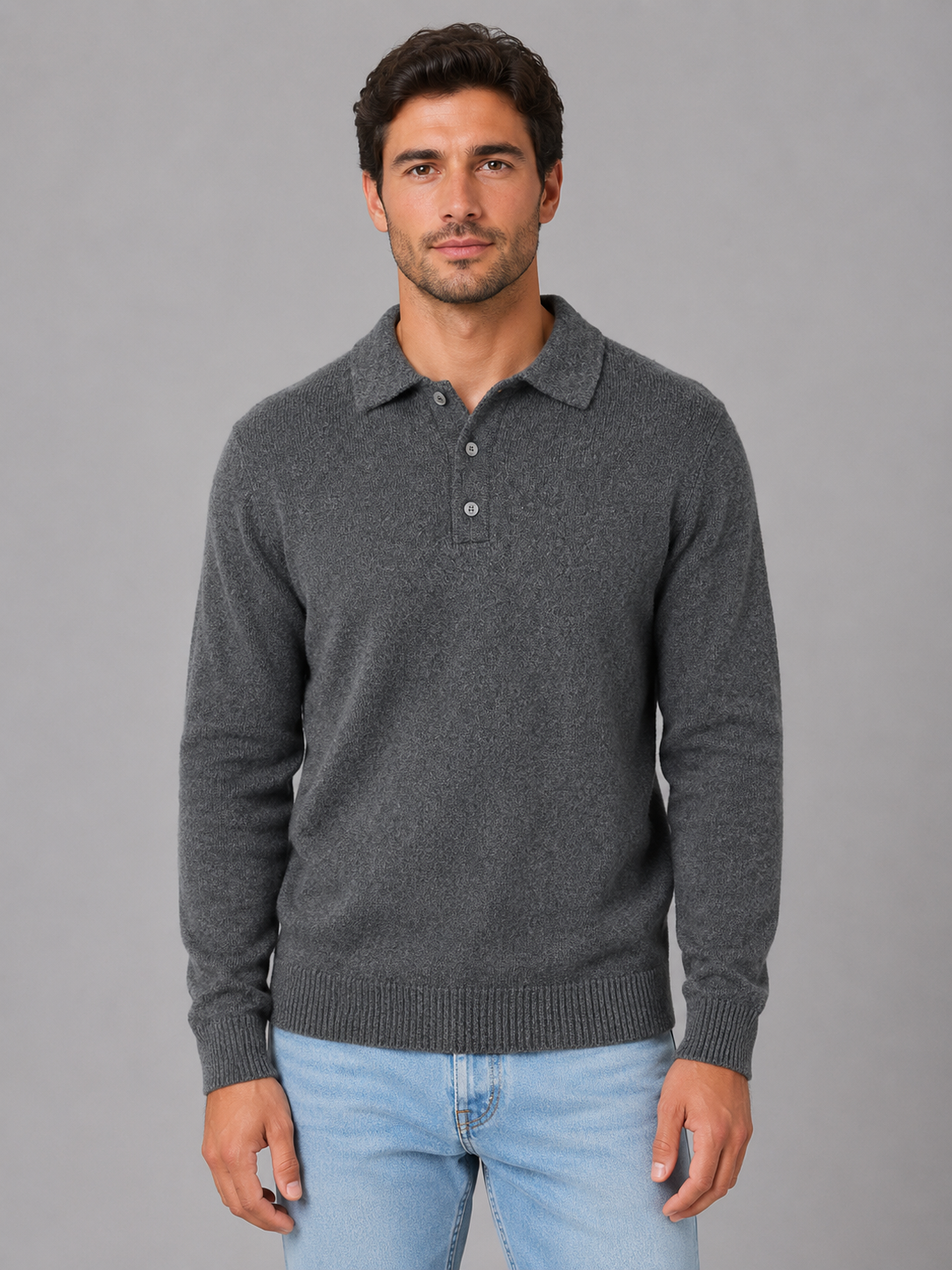 Men's Classic Polo Knit Button Long Sleeve Jumper