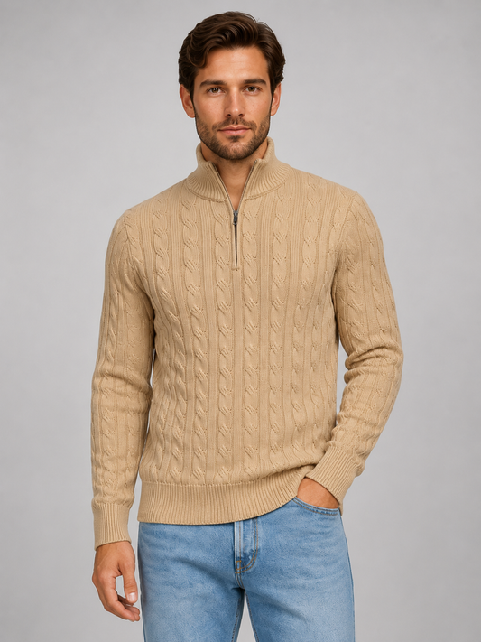 Men's Classic Cable Knit Funnel Neck Quarter Zip Sweater