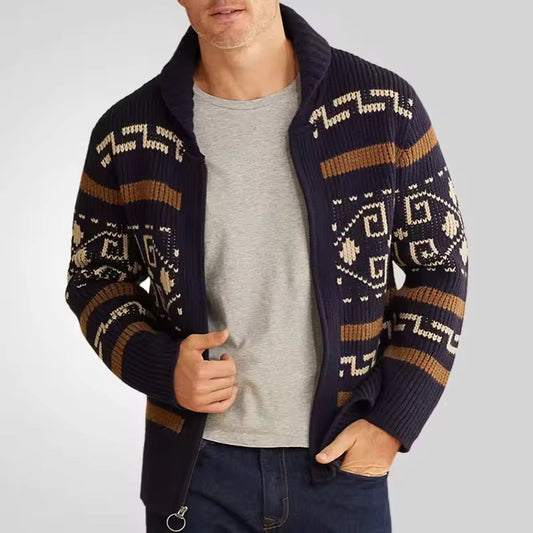 Men's Thick Cable Knit Crew Neck Cardigan Sweater - OutfitLondon